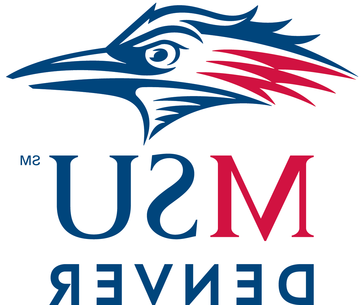 MSU Denver logo of a blue, white and red roadrunner